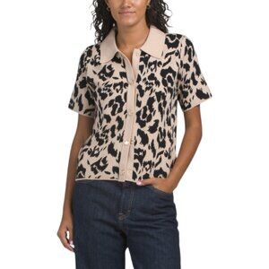 NICOLE MILLER NEW YORK Double Knit Leopard Button Up Top